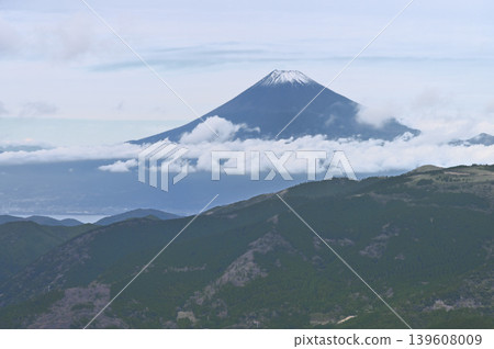 Mount Fuji covered in snow, as seen from the summit of Mt. Tamashinoyama on the Izu Mountain Ridge Trail in the Izu Peninsula. Mount Fuji covered in snow, as seen from the summit of Mt. Tamashinoyama on the Izu Mountain Ridge Trail in the Izu Peninsula. 139608009