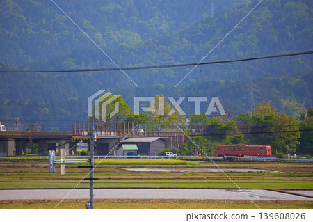 一列本地火車穿越春風。 一列本地火車穿越春風。 139608026