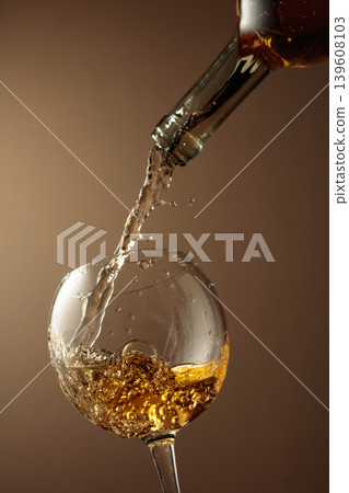 Pouring white wine from a bottle into a glass. Pouring white wine from a bottle into a glass. 139608103