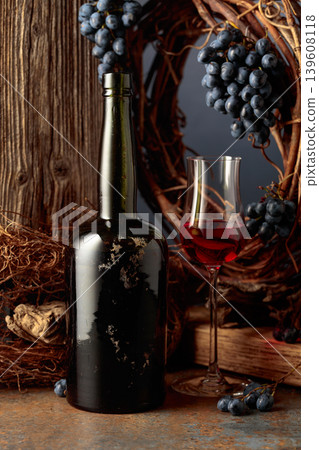 An antique bottle of port wine against the backdrop of an old weathered board, dried vine, and blue grapes. 139608118