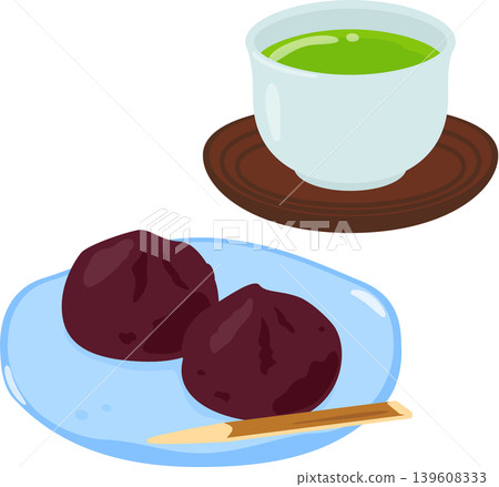 Anko mochi served on a plate and green tea in a teacup. Anko mochi served on a plate and green tea in a teacup. 139608333