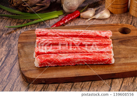 Imitation Crab Sticks Fresh Seafood Ingredients Rustic Wooden Background Imitation Crab Sticks Fresh Seafood Ingredients Rustic Wooden Background 139608556