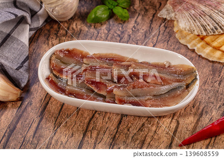 Marinated Anchovy Fillets Rustic Dish Garlic Basil Red Chili Scallop Shells Wood Background 139608559
