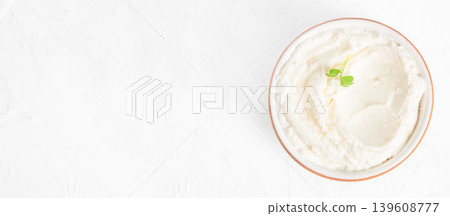Cream cheese spread in bowl on white background with copy space for packaging design 139608777