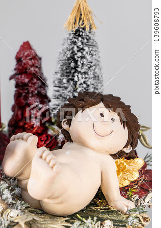 Christmas tree table handmade arrangement mini decoration for new year artificial on white background isolated Christmas tree table handmade arrangement mini decoration for new year artificial on white background isolated 139608793