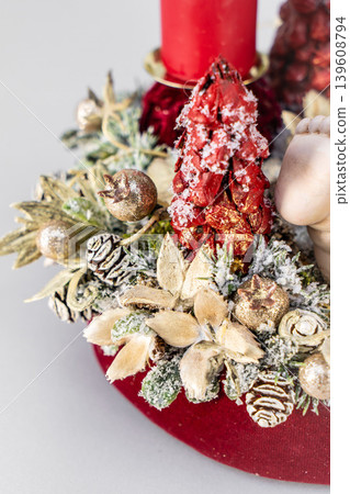 Christmas tree table handmade arrangement mini decoration for new year artificial on white background isolated Christmas tree table handmade arrangement mini decoration for new year artificial on white background isolated 139608794