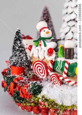 Christmas tree table handmade arrangement mini decoration for new year artificial on white background isolated Christmas tree table handmade arrangement mini decoration for new year artificial on white background isolated 139608806