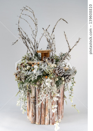 Christmas tree table handmade arrangement mini decoration for new year artificial on white background isolated Christmas tree table handmade arrangement mini decoration for new year artificial on white background isolated 139608810