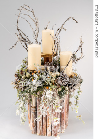Christmas tree table handmade arrangement mini decoration for new year artificial on white background isolated Christmas tree table handmade arrangement mini decoration for new year artificial on white background isolated 139608812