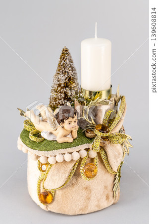 Christmas tree table handmade arrangement mini decoration for new year artificial on white background isolated Christmas tree table handmade arrangement mini decoration for new year artificial on white background isolated 139608814