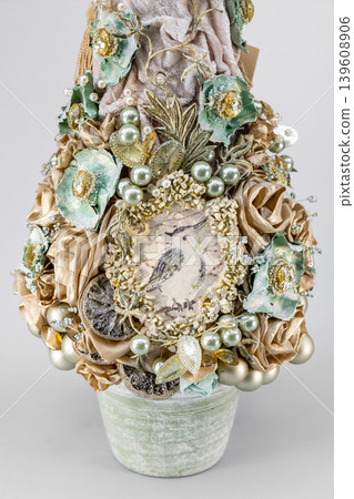 Christmas tree table handmade arrangement mini decoration for new year artificial on white background isolated Christmas tree table handmade arrangement mini decoration for new year artificial on white background isolated 139608906