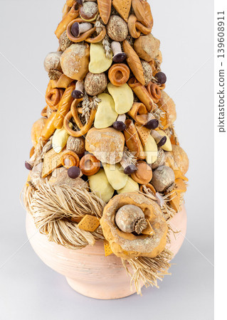 Christmas tree table handmade arrangement mini decoration for new year artificial on white background isolated Christmas tree table handmade arrangement mini decoration for new year artificial on white background isolated 139608911