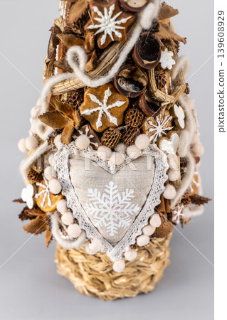 Christmas tree table handmade arrangement mini decoration for new year artificial on white background isolated 139608929