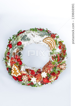 Christmas wreath candle candle gingerbread tree white snow isolated Christmas wreath candle candle gingerbread tree white snow isolated 139608991
