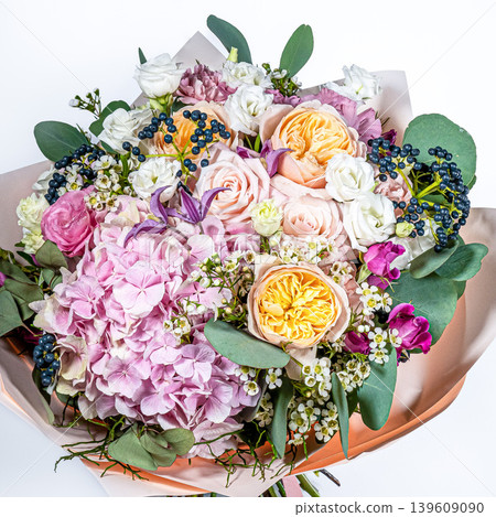 Bouquet of fresh delicate flowers on a white background gift 139609090