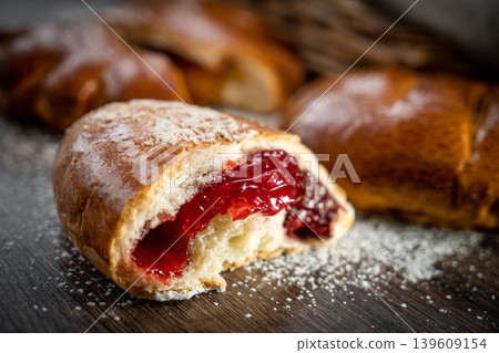 Fresh pastries buns wicker basket rustic style bakery Fresh pastries buns wicker basket rustic style bakery 139609154