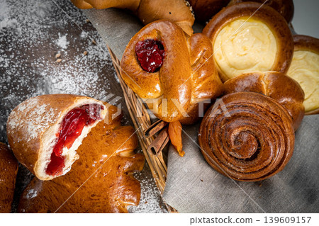 Fresh pastries buns wicker basket rustic style bakery Fresh pastries buns wicker basket rustic style bakery 139609157