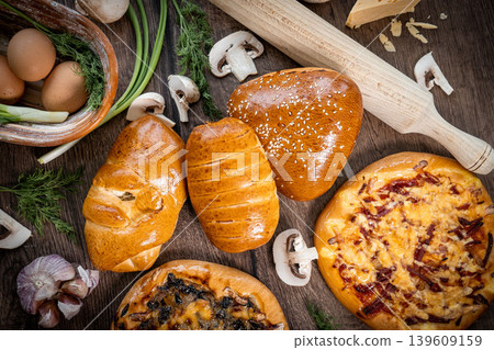 Fresh pastries buns wicker basket rustic style bakery Fresh pastries buns wicker basket rustic style bakery 139609159