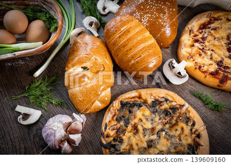 Fresh pastries buns wicker basket rustic style bakery Fresh pastries buns wicker basket rustic style bakery 139609160