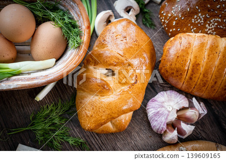 Fresh pastries buns wicker basket rustic style bakery Fresh pastries buns wicker basket rustic style bakery 139609165