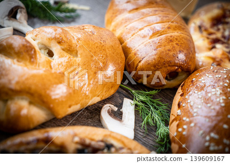 Fresh pastries buns wicker basket rustic style bakery Fresh pastries buns wicker basket rustic style bakery 139609167