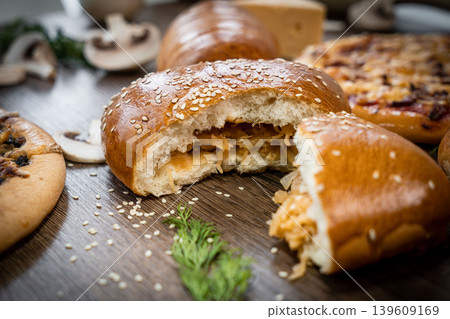 Fresh pastries buns wicker basket rustic style bakery Fresh pastries buns wicker basket rustic style bakery 139609169