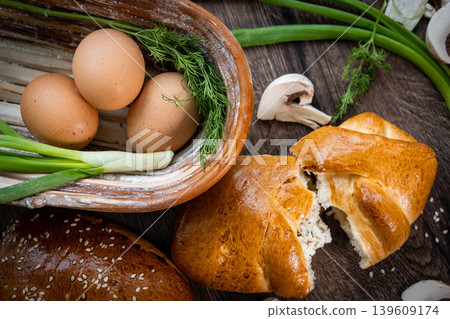 Fresh pastries buns wicker basket rustic style bakery Fresh pastries buns wicker basket rustic style bakery 139609174