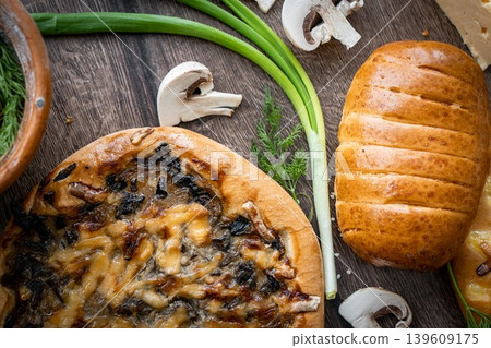 Fresh pastries buns wicker basket rustic style bakery Fresh pastries buns wicker basket rustic style bakery 139609175