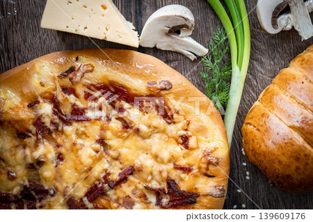 Fresh pastries buns wicker basket rustic style bakery Fresh pastries buns wicker basket rustic style bakery 139609176