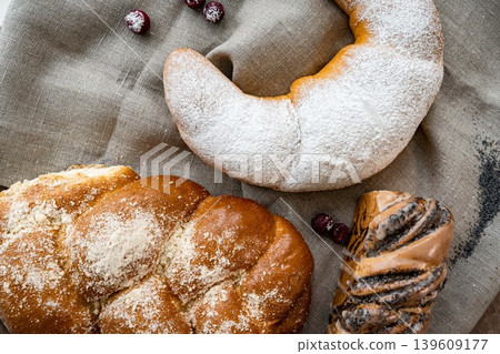Fresh pastries buns wicker basket rustic style bakery Fresh pastries buns wicker basket rustic style bakery 139609177
