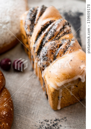 Fresh pastries buns wicker basket rustic style bakery Fresh pastries buns wicker basket rustic style bakery 139609178