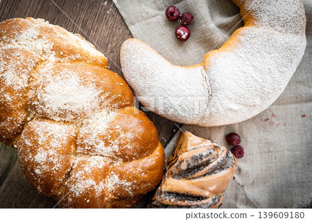 Fresh pastries buns wicker basket rustic style bakery Fresh pastries buns wicker basket rustic style bakery 139609180