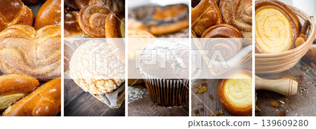 Fresh pastries buns wicker basket rustic style bakery collage Fresh pastries buns wicker basket rustic style bakery collage 139609280