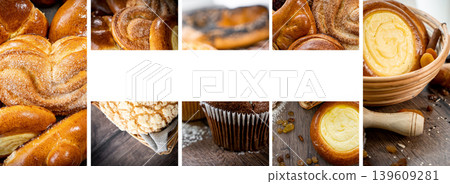 Fresh pastries buns wicker basket rustic style bakery collage Fresh pastries buns wicker basket rustic style bakery collage 139609281