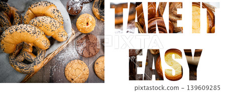Fresh pastries buns wicker basket rustic style bakery collage Fresh pastries buns wicker basket rustic style bakery collage 139609285