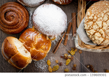 Fresh pastries buns wicker basket rustic style bakery Fresh pastries buns wicker basket rustic style bakery 139609301
