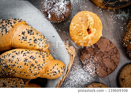 Fresh pastries buns wicker basket rustic style bakery Fresh pastries buns wicker basket rustic style bakery 139609306