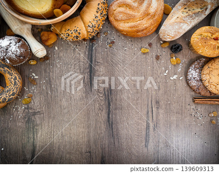 Fresh pastries buns wicker basket rustic style bakery Fresh pastries buns wicker basket rustic style bakery 139609313