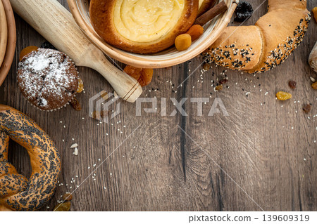 Fresh pastries buns wicker basket rustic style bakery Fresh pastries buns wicker basket rustic style bakery 139609319