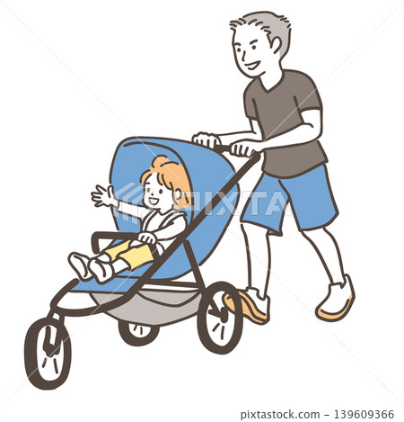 一位年輕男子推著嬰兒車裡的孩子散步；一幅色彩柔和的簡單插圖。 139609366