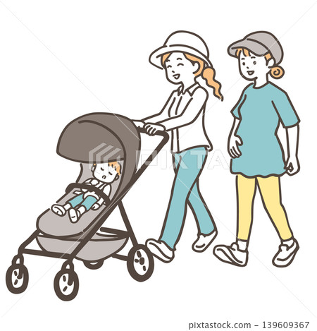 Young women walking: stroller walking and maternity walking; simple illustrations in soft colors. 139609367