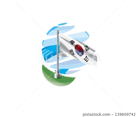 South Korean flag on a green lawn against a background of blue abstract sky South Korean flag on a green lawn against a background of blue abstract sky 139609742
