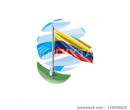 Colombian flag on a green lawn against a background of blue abstract sky Colombian flag on a green lawn against a background of blue abstract sky 139609829