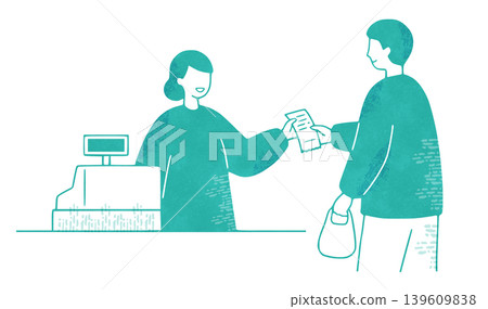 便利商店兼職員工的水彩插畫:店員正在收銀台為顧客服務。 便利商店兼職員工的水彩插畫:店員正在收銀台為顧客服務。 139609838