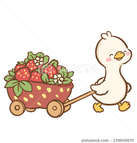 Cute kawaii duck pulling a strawberry wagon cart filled with berries flowers and leaves adorable summer fruit clipart for planners and stickers 139609870