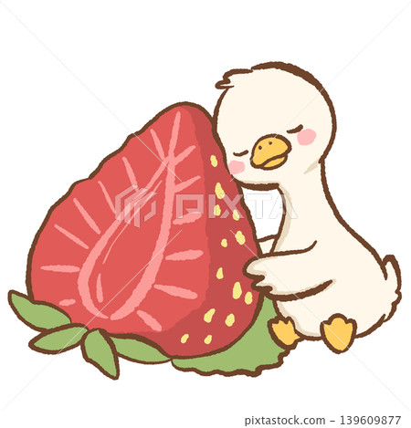 Cute kawaii duck cuddling a sliced strawberry sweet fruit themed summer clipart illustration perfect for stickers planners and scrapbooking Cute kawaii duck cuddling a sliced strawberry sweet fruit themed summer clipart illustration perfect for stickers planners and scrapbooking 139609877
