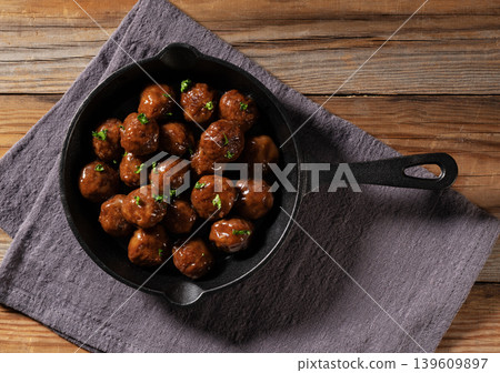 Teriyaki meatballs in a skillet, viewed from directly above. (Image of cooking ingredients) 139609897