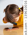 A little girl examines a mobile phone with a magnifying glass, introducing concepts such as early exposure to mobile phones or internet safety. 139610016