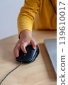 A hand of a child manipulates a laptop mouse, introducing concepts such as early access to social networks or teleworking. 139610017