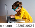 A small child typing and looking at a screen very close up, with the potential risks to eye health that come with exposure to electronic devices. 139610024